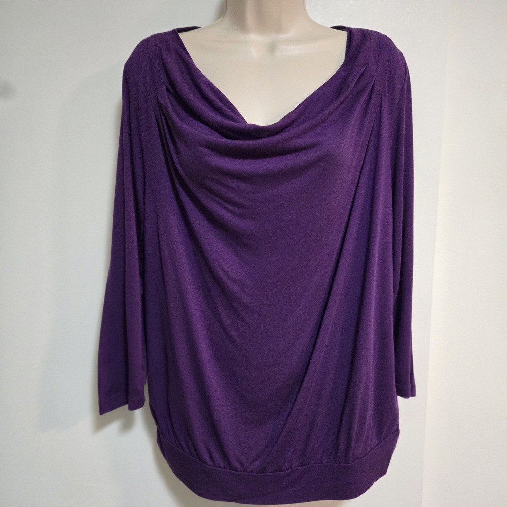 Chicos Size 1 (M) Purple Draped Neck 3/4 Sleeve Stretch Pullover‎ Top